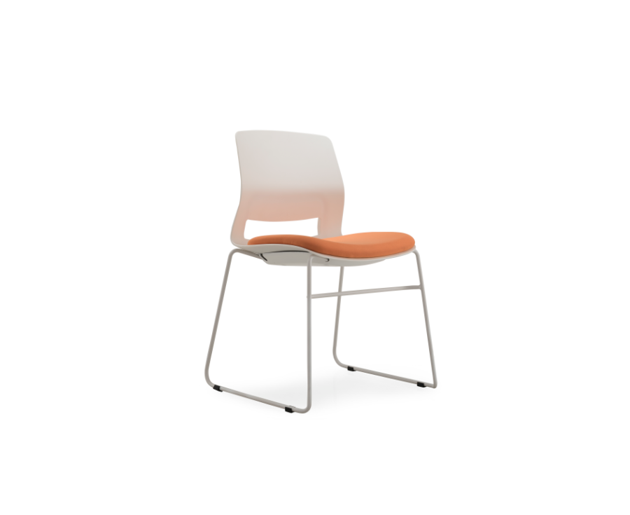 Multi-Purpose Polypropylene Stacking chair, sled base, with upholstered seat.