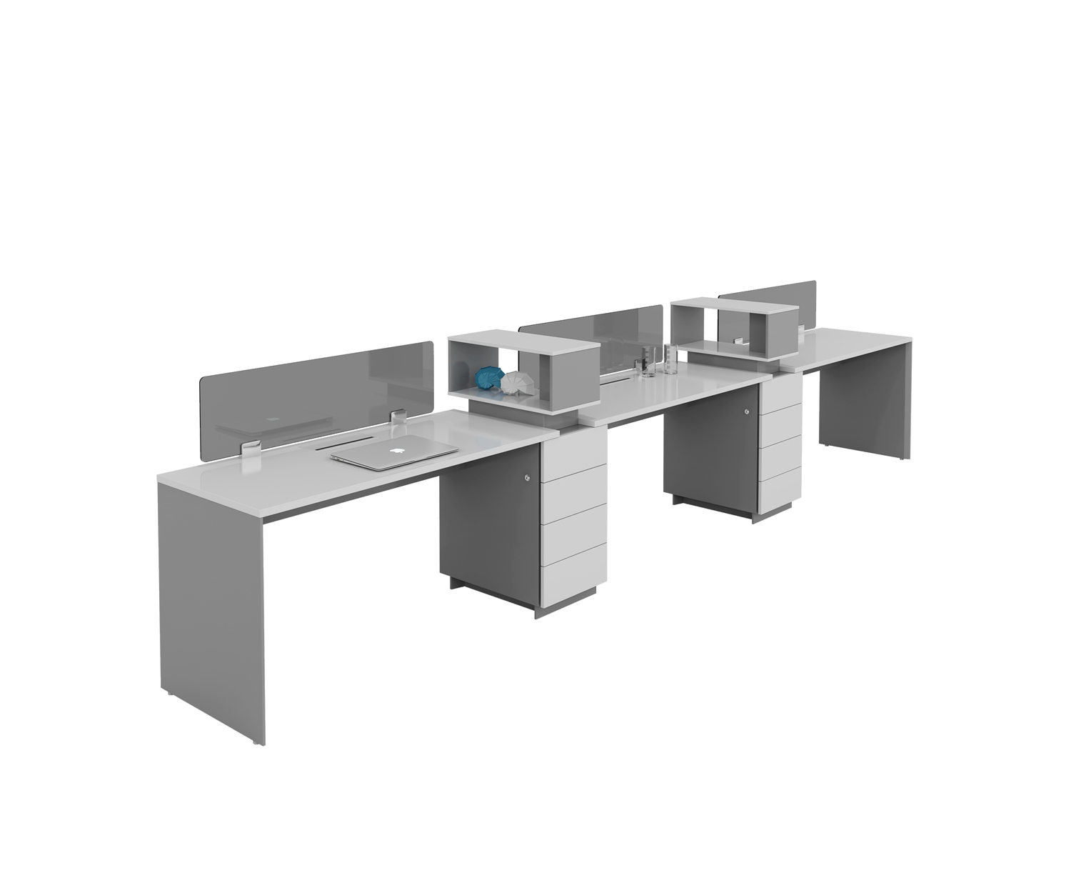 three people workstation with cabinets